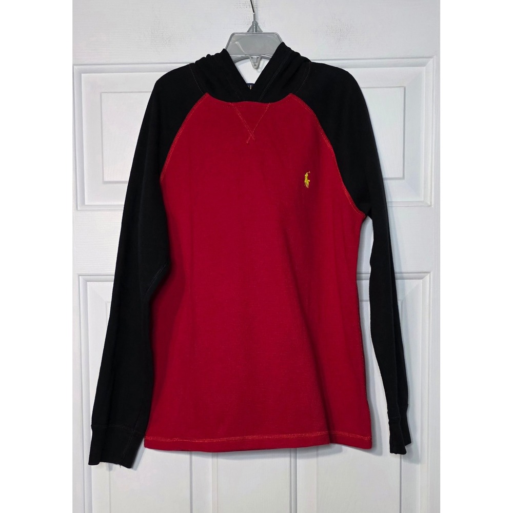 Polo Ralph Lauren Boys Red Black Waffle Knit Thermal Hoodie Size M 10-12 Pony